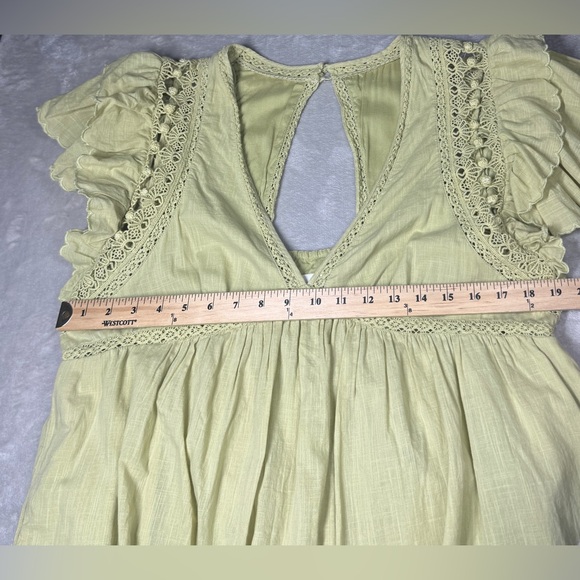 By Anthropologie Ruffled Boho Lace Sagebrush Green 100% Cotton Boho Mini Dress M - Picture 11 of 17